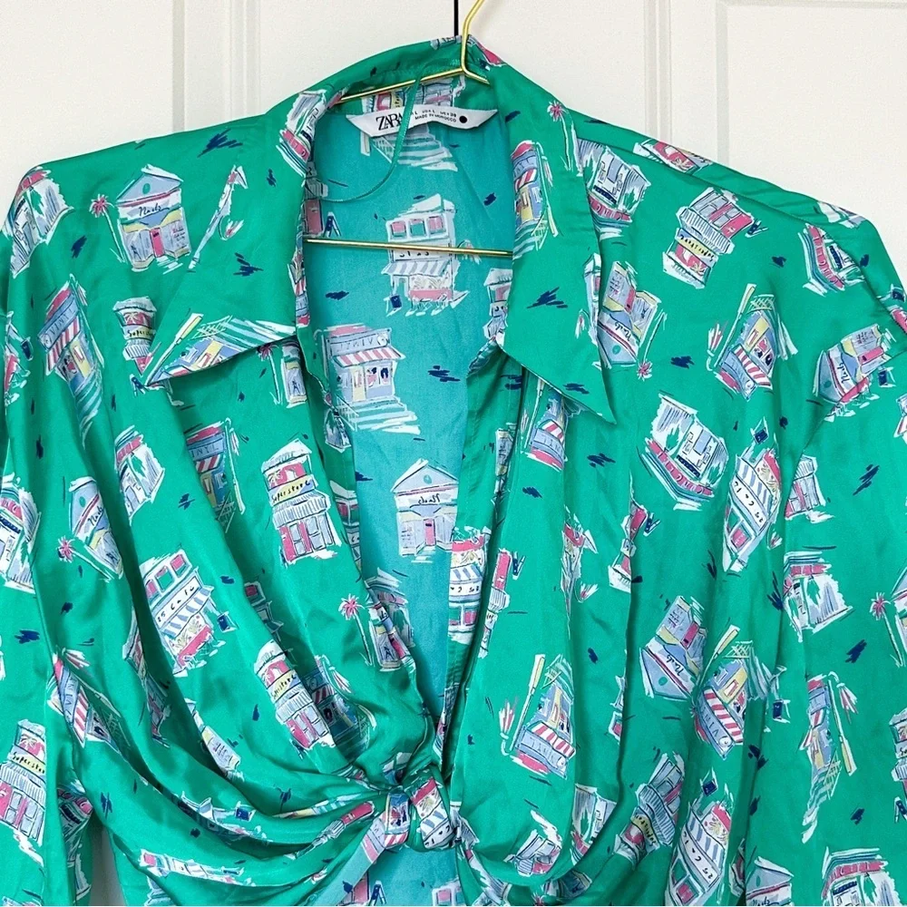 Zara Green Button Down Crop Top with Notched Collar - Picture 9 of 12